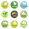 Vegan icon set. Bio, Ecology, Organic logos and badges, label, tag. Green leaf on white background.