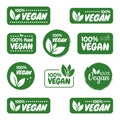 Vegan icon set. Vegan logos and badges, label, tag. Green leaf on white background. Vector illustration Royalty Free Stock Photo