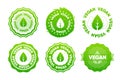 Vegan icons. The concept of healthy natural organic food. Collection of stamps in various designs. Food packaging
