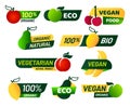 Vegan labels. Green eco food, healthy fresh organic products and vegetarian emblem label vector set Royalty Free Stock Photo