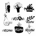 Vegan labels set. Label and badge templates. Collection of emblems and stamps. Organic vegetable food emblem, ecology product Royalty Free Stock Photo