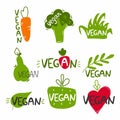 Vegan labels set. Label and badge templates. Collection of emblems and stamps. Organic vegetable food emblem, ecology product Royalty Free Stock Photo