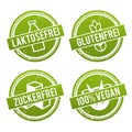 Vegan, lactose free, gluten free and sugar free badges - German-Translation: Vegan, Glutenfrei, Laktosefrei und Zuckerfrei.