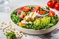 Vegan lentil meatballs salad with kale, avocado, tomato and tahini dressing. Royalty Free Stock Photo