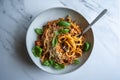 Vegan lentil pasta, bucatini with home made tomato lentil sauce and basil on white concrete background Royalty Free Stock Photo