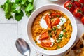 Vegan lentil soup with cilantro and tomato. Dal soup with tomatoes, top view. Indian cuisine concept Royalty Free Stock Photo