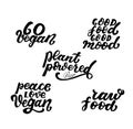 Vegan lifestyle stickers set. Go vegan, raw food, good food good mood, peace love vegan, plant powered. Motivational quote.