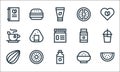 Vegan line icons. linear set. quality vector line set such as watermelon, coconut oil, almond, oats, kiwi, tea, coconut milk,