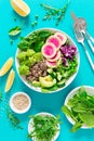 Vegan lunch bowl with quinoa, cucumber, green peas, radish, romanesco and red cabbage, avocado, spinach and arugula salad, healthy Royalty Free Stock Photo