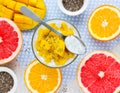 Vegan mango chia pudding with orange and grapefruit