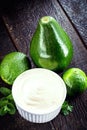 Vegan mayonnaise, concept photo, mayonnaise made from vegetables without eggs or milk. Avocado cream green