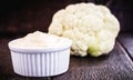 Vegan mayonnaise, concept photo, mayonnaise made from vegetables without eggs or milk. cauliflower cream, vegan food