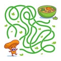 Help cute mushroom chanterelle find path to soup. Labyrinth. Vegan maze game for kids. Vector illustration on white background.