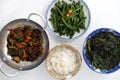 Vegan daily meal, fried string bean, eggplant cook with sauce, amaranth soup, rice bowl, simple Vietnamese vegetarian food for