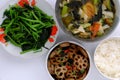 Vegan Daily Meal, Lotus Root Sliced Cook With Sauce, Vegetables Soup, Rice Bowl, Fried Spinach, Simple Vegetarian Vietnamese Food