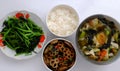 Vegan Daily Meal, Lotus Root Sliced Cook With Sauce, Vegetables Soup, Rice Bowl, Fried Spinach, Simple Vegetarian Vietnamese Food
