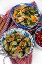 Vegan daily meal for lunch time, fried peanut with sauce, fried green round eggplant, rice bowl, vegetables soup, simple