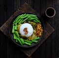 Vegan meal for lunch time, vegetarian rice dish with boiled vegetables, simple meal, non meat diet good for health Royalty Free Stock Photo