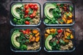 vegan meal prep bowls with quinoa, veggies, and avocado