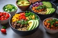 vegan meal prep bowls with quinoa, veggies, and avocado