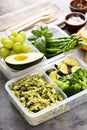 Vegan meal prep containers with pasta and vegetables Royalty Free Stock Photo