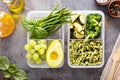 Vegan meal prep containers with pasta and vegetables Royalty Free Stock Photo