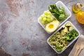 Vegan meal prep containers with pasta and vegetables Royalty Free Stock Photo