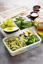 Vegan meal prep containers with pasta and vegetables Royalty Free Stock Photo