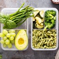 Vegan meal prep containers with pasta and vegetables Royalty Free Stock Photo