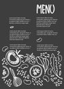 Vegan Menu design template with place for your text. Decoration with fruit, vegetables, beans on dark gray background