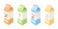 Vegan milk in carton box isolated on white background set. Organic Dairy Free rice, coconut, almond and oat milk. Royalty Free Stock Photo