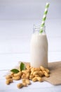 Vegan milk from cashews in bottles on white wooden surface, Cashew nuts is used in most indian sweets with copy space,