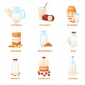 Vegan milk collection. Coconut, almond, peanut drinks. Cashew, oatmeal and soybean milks in bottles and paper pack