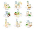 Vegan milk set, almond, soybean, rice, hazelnut, coconut, cashew, hemp, peanut, oat milk. Varius bottles, packages