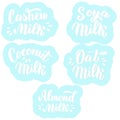 Vegan milk set of package design for almond, cashew, soya, oat, coconut milk.Trendy lettering text font in blue bubbles. Packaging