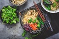 Vegan miso noodle soup with mushrooms, red cabbage, carrots and sprouts Royalty Free Stock Photo