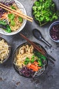 Vegan miso noodle soup with mushrooms, red cabbage, carrots and sprouts Royalty Free Stock Photo