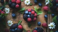 Vegan muffins, berries, wooden surface. Royalty Free Stock Photo