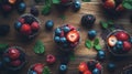 Vegan muffins, berries, wooden surface. Royalty Free Stock Photo