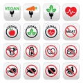 Vegan, no meat, vegetarian, lactose free buttons set