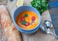 Vegan orange vegetable soup carrots, sweet potatoes, pumpkin