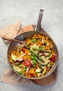 Vegan Paella on gray background Royalty Free Stock Photo