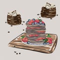 Vegan pancake with strawberries and blueberries and chocolate pancake with bananas and chocolate chips. Vegan, food, holiday. Isol Royalty Free Stock Photo