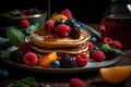 Vegan Pancakes with Fruit and Syrup. Generative Ai