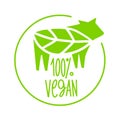 Vegan 100 percent, icon. Plant based food. Beyond meat. Vegetarian sign. Emblem for packing with steak, sausages