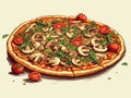 Vegan pizza with cherry tomatoes, mushrooms, vegan cheese and fresh basil. Italian cuisine. Vegetarian pizza illistration for menu