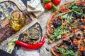 Vegan pizza with spelt dough flat lay view Royalty Free Stock Photo