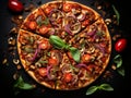 Vegan pizza top view, dark background. Super healthy whole grain flour vegetarian pizza with mushrooms, vegan cheese, tomato sauce