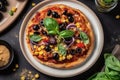 Vegan Pizza On A White Plate, Top View. Generative AI Royalty Free Stock Photo