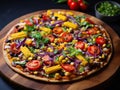 Vegan pizza on wooden board on dark background, close up. Top view of vegetarian pizza with cherry tomatoes, corn, black olives, Royalty Free Stock Photo